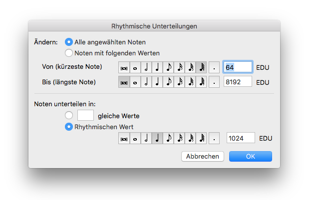 Dialogbox Rhythmische Unterteilungen